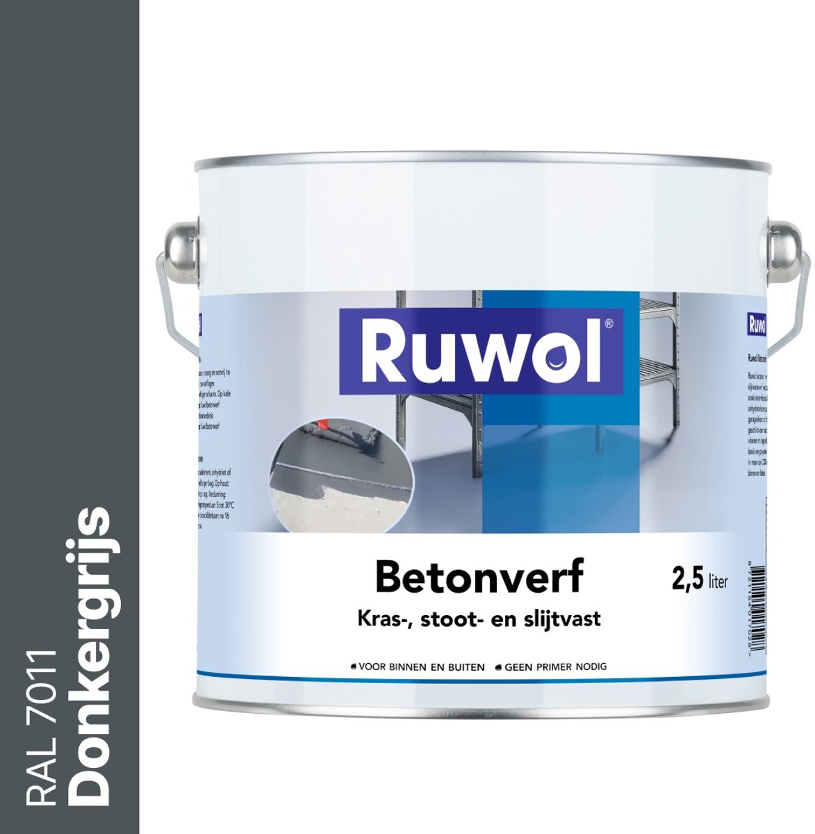 Ruwol Betonverf Donkergrijs (RAL 7011) 2,5 liter - Voor binnen en buiten - Alle kleuren - Kras-, stoot- en slijtvaste verf voor beton en steen - Betonverf voor buiten