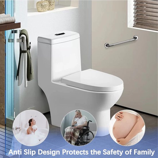 Een zilverkleurige antislip handgreep gemonteerd naast een toilet, met cirkels die een vrouw in bad, een man in een rolstoel en een zwangere buik tonen.