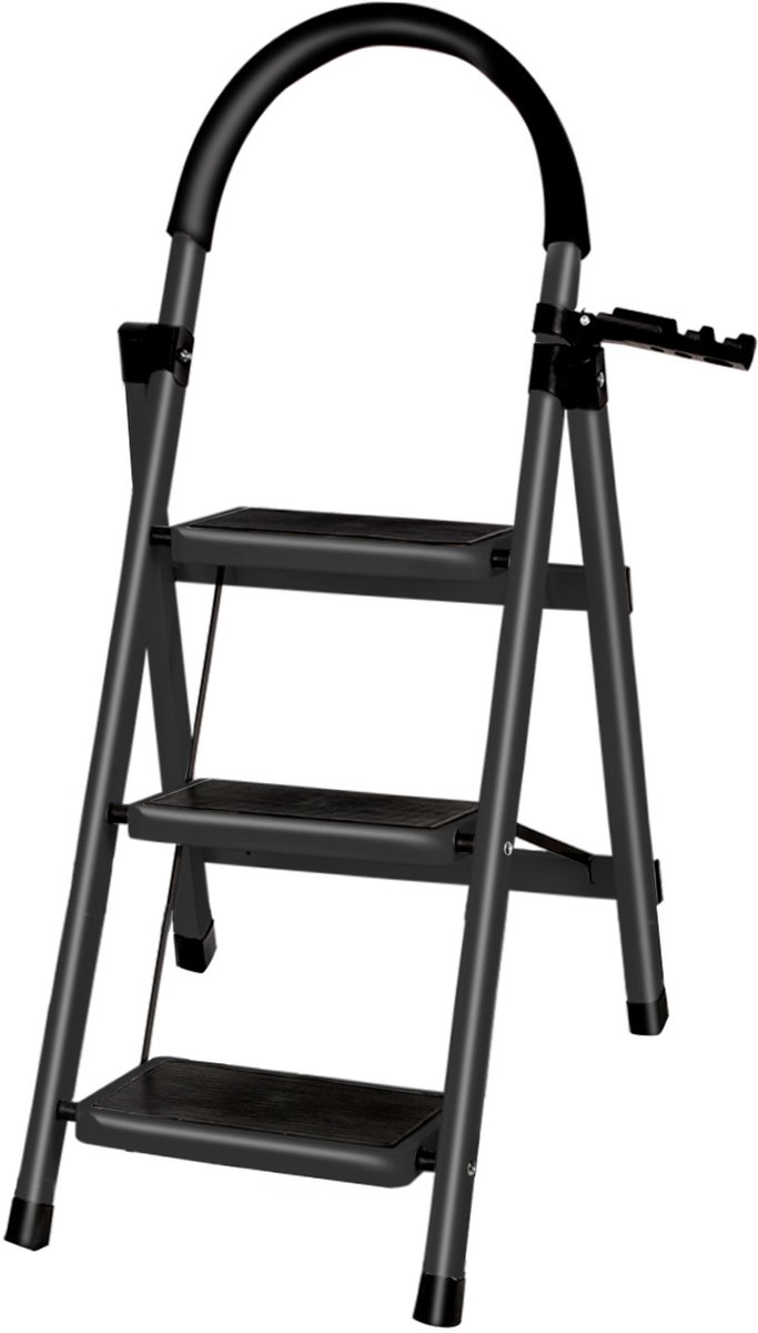 PIPIPOXER-Huishoudtrap Keukentrap - 3 Treden - Metalen Huishoudladder Inklapbaar -Trapladder Opvouwbaar - Anti-Slip - Inklapbaar - zwart