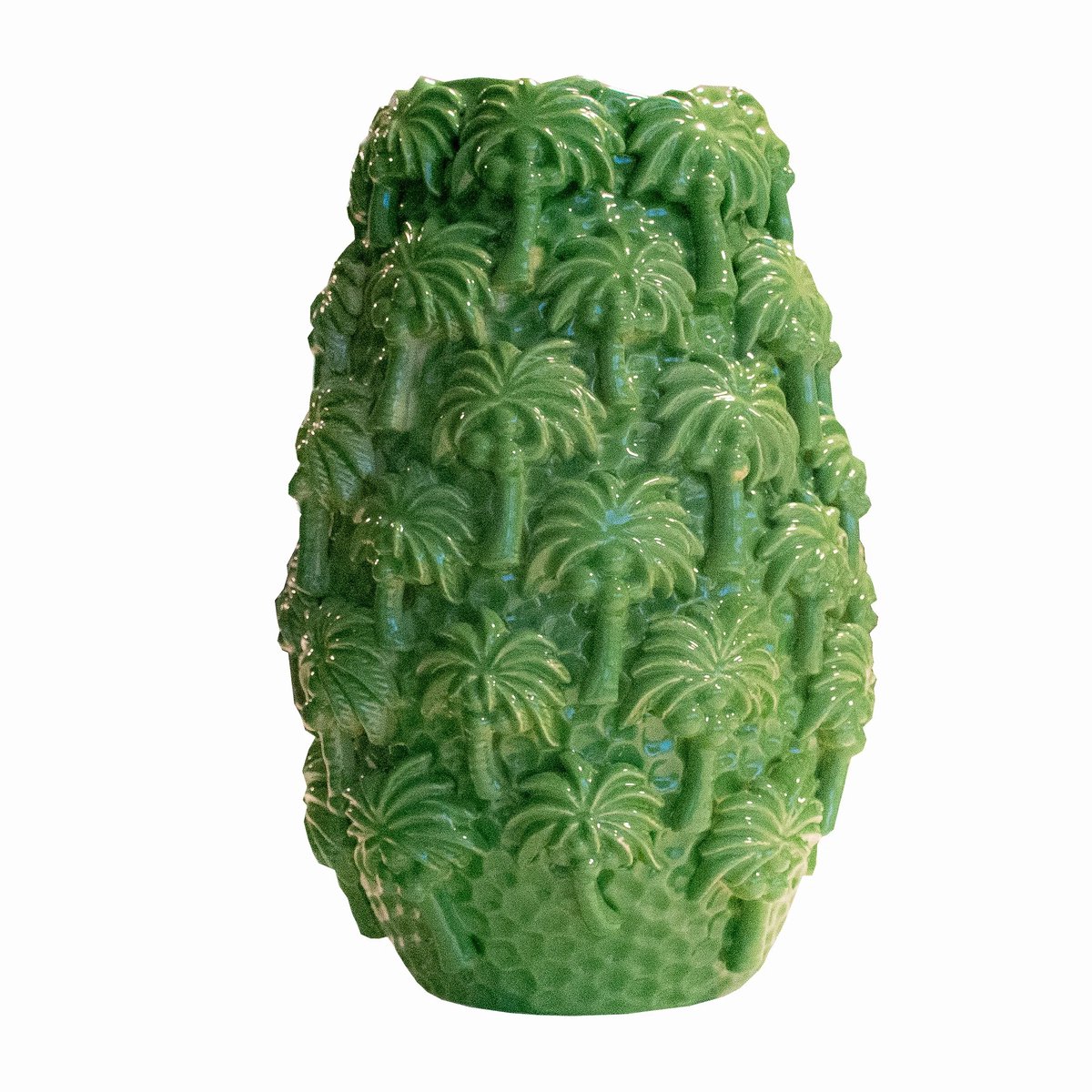 Mooie groene vaas met palmmotief in reliëf