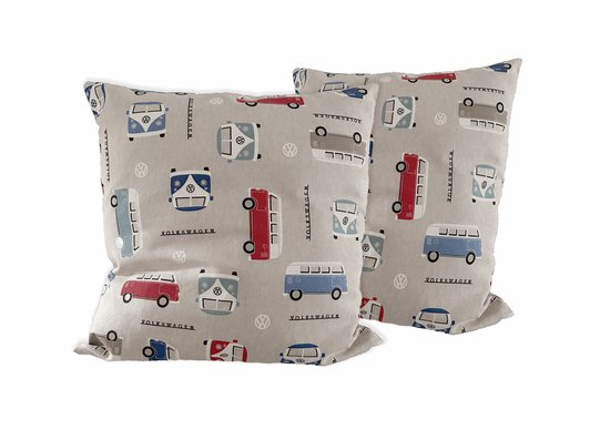 Kussen VW Busjes 45x45 cm – 100% Katoen Canvas – Beige met Blauwe, Mint & Rode Volkswagen Busjes – Afsluitbaar met Rits – Retro Sierkussenhoes