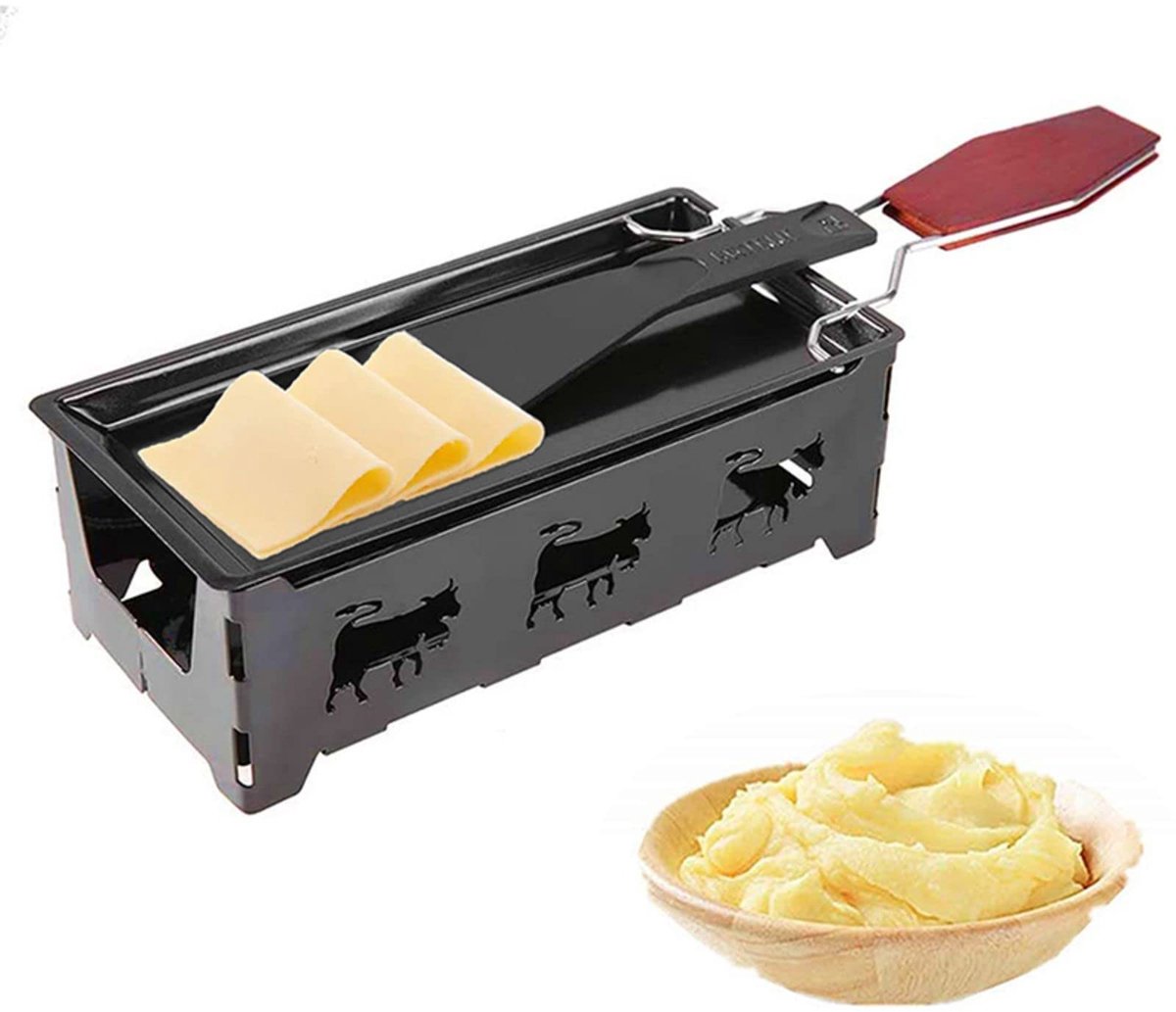 Mini Raclette Käse Schmelzpfanne – Tragbare Kerzen-Raclette mit Antihaftbeschichtung, Hochwertiger Kohlenstoffstahl, Klappbarer Holzgriff, Ideal für Camping, BBQ & Romantisches Dinner