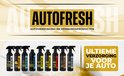 Brede banner met "AUTOFRESH" in goudkleurige letters, met een ondertitel in het Nederlands over auto-onderhoud en reinigingsproducten. Daaronder een rij flessen met schoonmaakmiddelen.