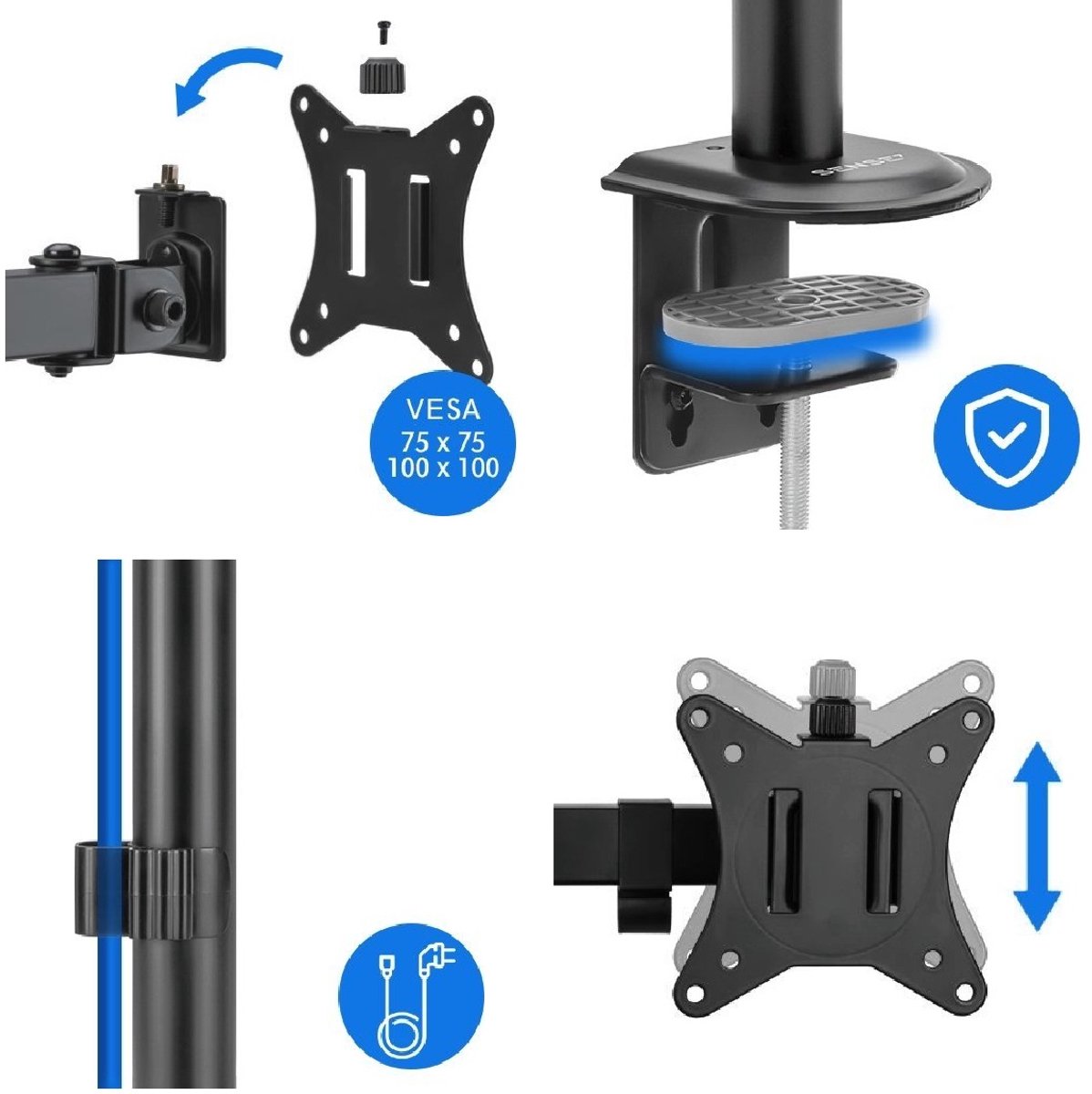 SENSE7 FLOAT DOUBLE - Dubbele Monitor Arm - Monitor Beugel voor 17-32 Inch - 2 Schermen - 180°, 360° rotatie - Universeel VESA 75, 100 - Draai, Kantel en Zwenkbaar - PIVOT-functie - Kabelgeleiders - Max. 2x 9kg - Twee montagemethoden - Zwart thumbnail 5