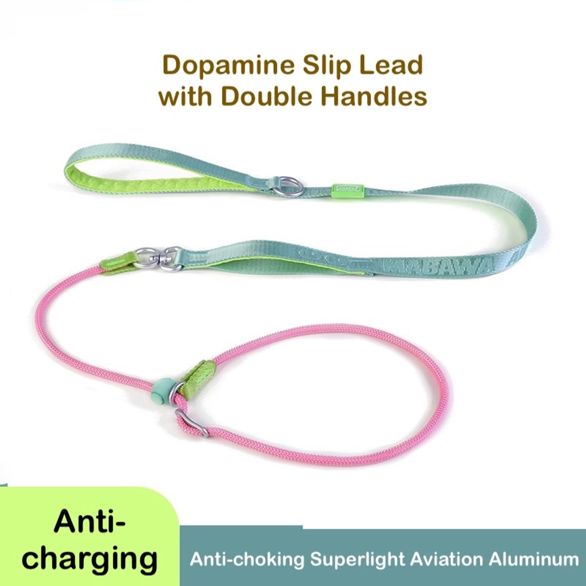 Dopamine Slip Lead with Double Handles (MintLychee) - Walk in Colour Train with Ease / Bright Colours Light Feel Better Control / Prevents Choking / Vibrant Colour Design / Superlight Aviation-Grade Aluminum Hardware