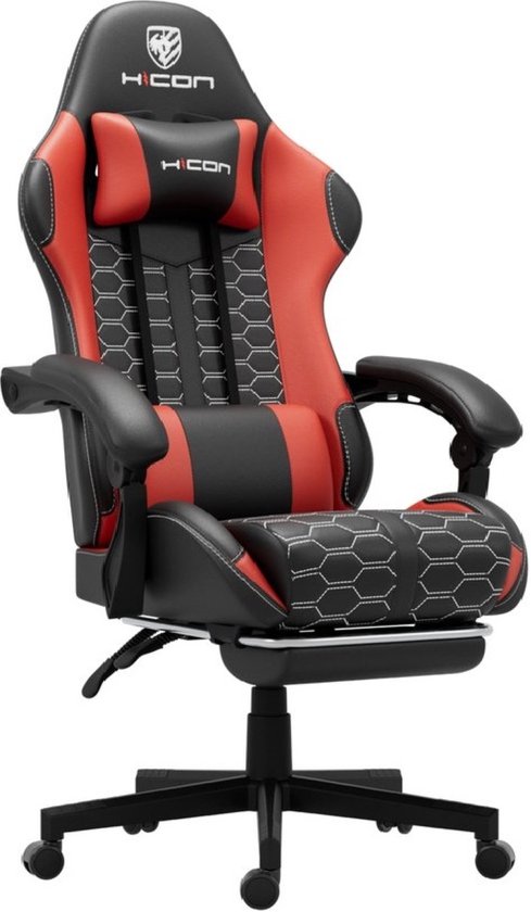Rode en zwarte gamestoel met voetsteun, HICON logo en wit honingraatpatroon.