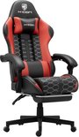 Rode en zwarte gamestoel met voetsteun, HICON logo en wit honingraatpatroon.