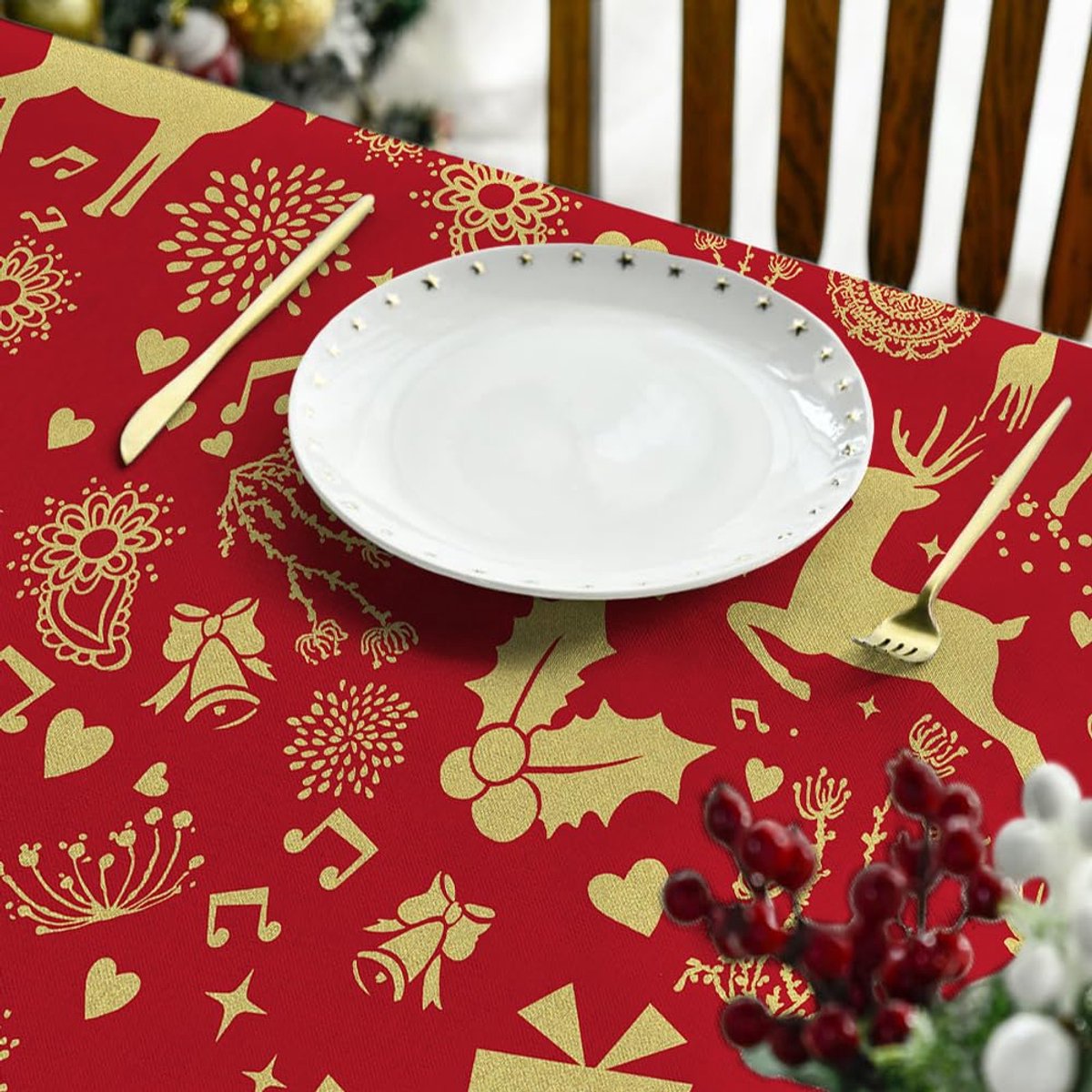 Unyqoos® Rood vierkant kersttafelkleed afwasbaar 85x85 cm met modern elandontwerp