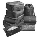Set van 8 zwarte packing cubes, een schoenentas en een toilettas met het opschrift "WISH U HAVE A COLORFUL LIFE".