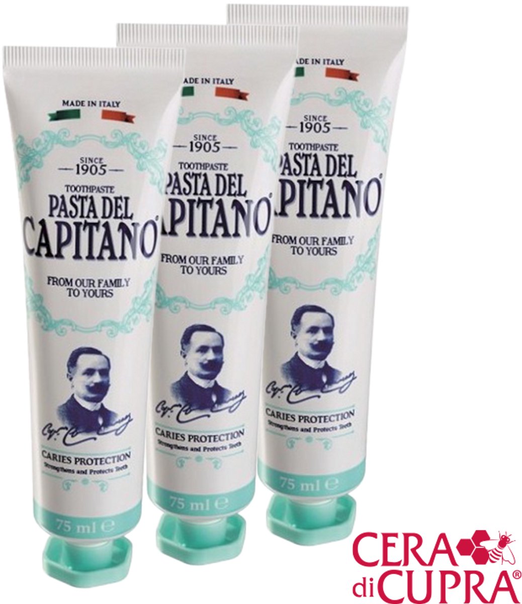 Pasta del Capitano 1905 - Caries Protection 3 tubes, € 8,95 per stuk, inclusief tubeknijper- de ideale oplossing tegen tandplak en gaatjes en houdt het tandglazuur mooi. Het bevat Sulfetal ZN® met antibacteriële werking