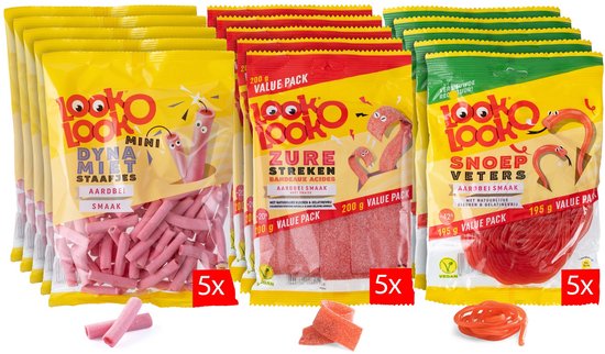 Boîte Look O Look Combi - Snoep - Mix de bonbons acidulés à la fraise, de bonbons Candy Laces à la fraise et de bâtonnets Dynamite Sticks à la fraise - 1 x 15 pièces