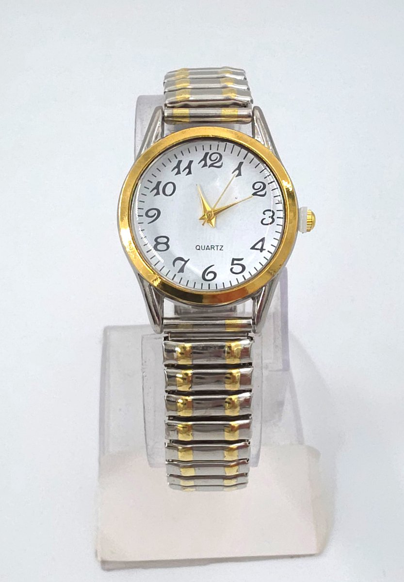 Rekbaar - Dameshorloge - Klassiek - Ø 30mm - L 18 cm - klok met goudrandje - Witte duidelijke wijzerplaat - band met zilverkleurig met beide zijde goud streepjes -past bijna elke pols.