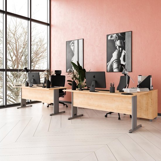 Luxe L-Vormig Hoekbureau met 3 Lades en Afsluitbare Kast, Kabelbeheer en Stalen Poten – Groot Thuiskantoor Computerbureau 180 x 120 x 74 cm – Novihome