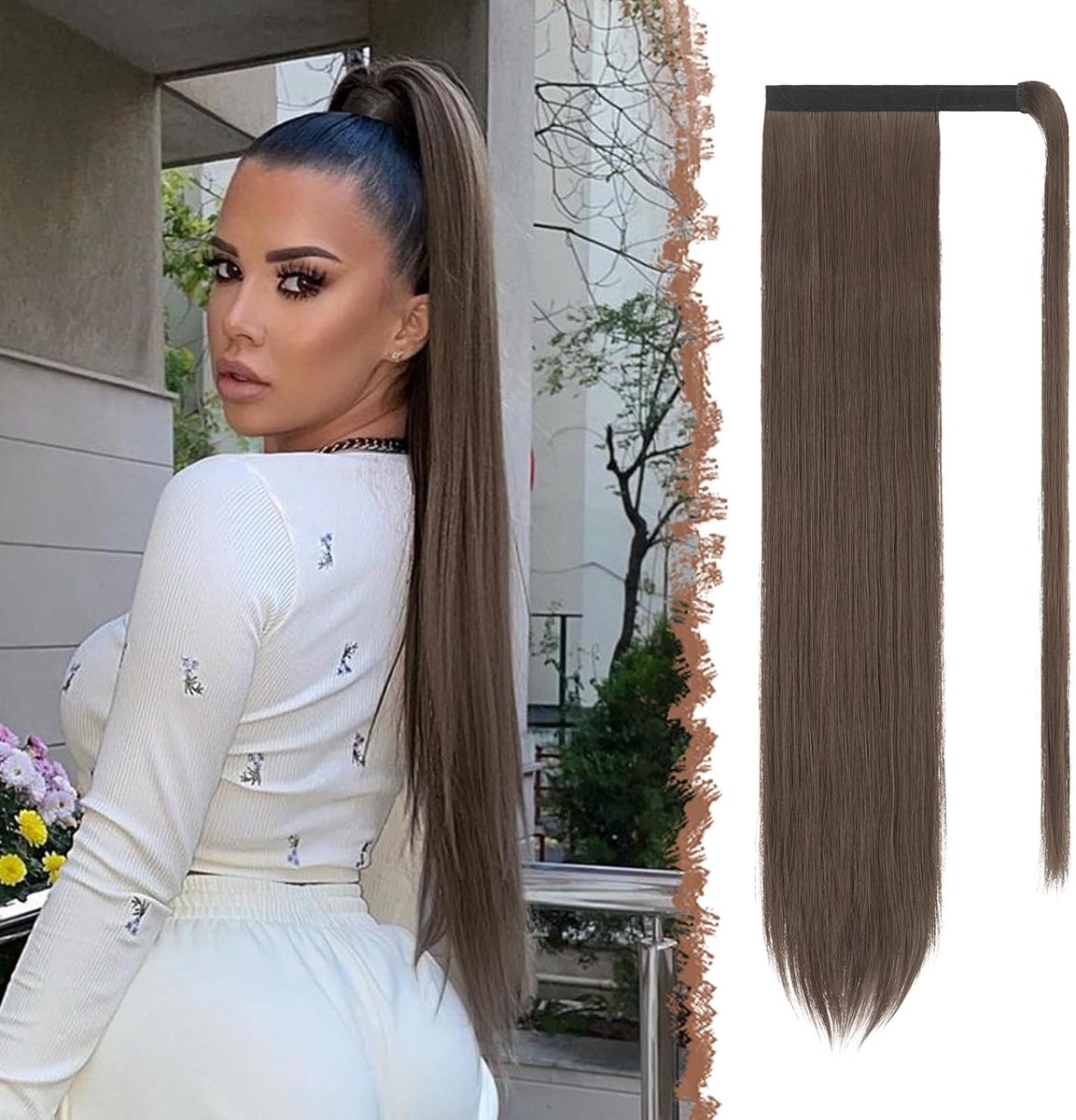 OUYLAF Haarextensies - clip-on extensies - Nephaar - nep haar - nep haar staart - Bruin - Haarstuk - Haarverlenging - Wrap Around Paardenstaart Extension - Hairextensions - 60cm