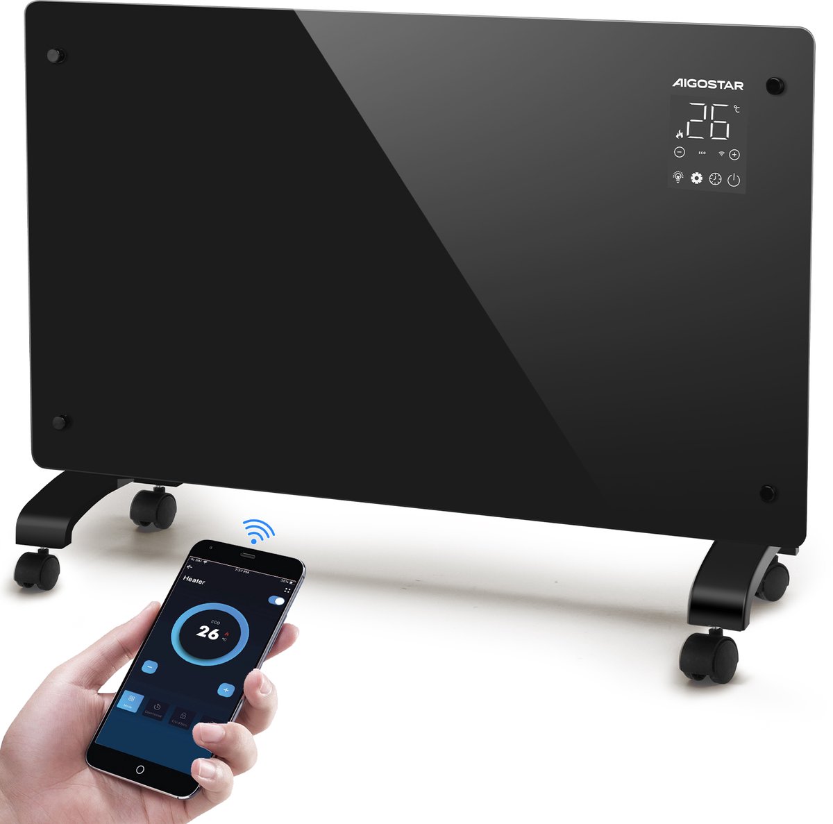 Aigostar Helen Smart 33HP0 - Convectorkachel met thermostaat - 1000/2000W - Afstandsbediening - Timer - Paneel Kachel Elektrisch - Tot 20㎡- Zwart