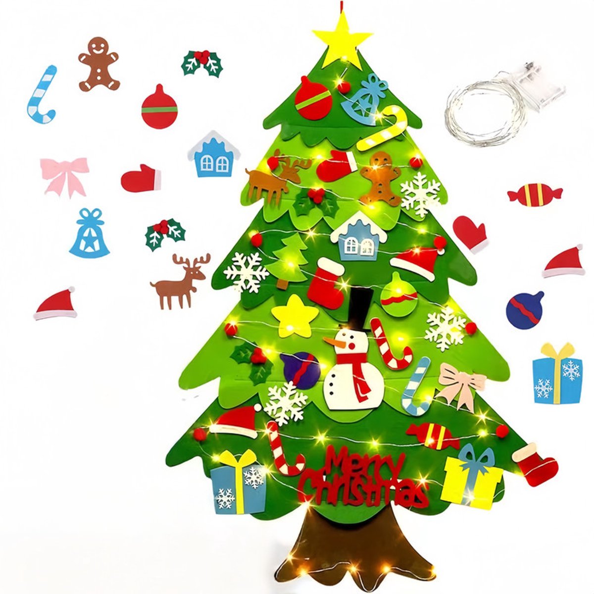 Kinderkerstboom van Vilt - Viltdennenboomversiering DIY - Kerstboom van Vilt - Inclusief 32 ornamenten - Met 5 meter LED-Lichtjes - 70 × 95 cm - Opvouwbaar