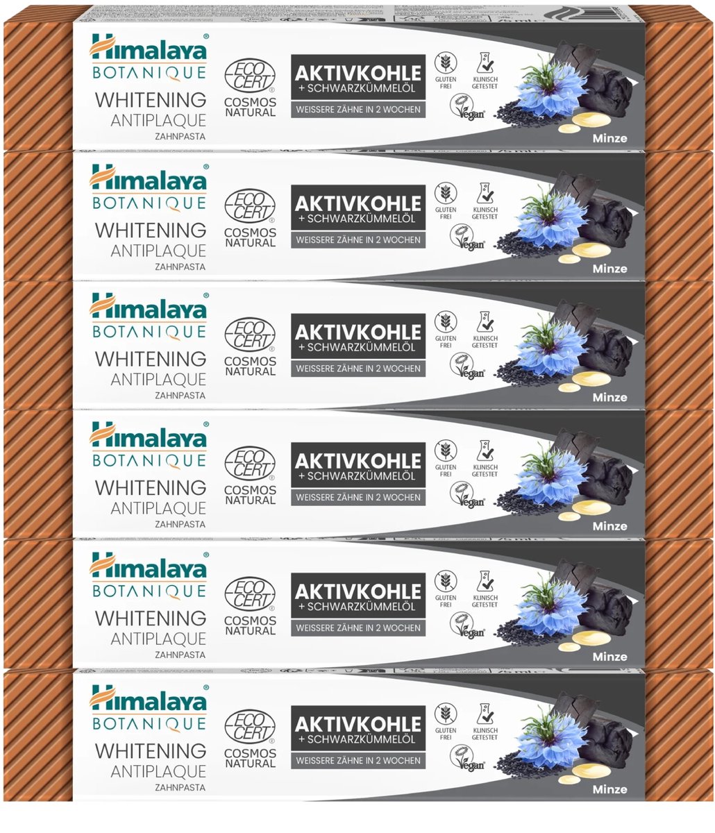 Himalaya Botanique Whitening Antiplaque Toothpaste Charcoal + Black Seed Oil - 75 ml - Natuurlijk Wittere Tanden in 2 Weken - Fluoridevrij - Vegan - Ayurvedische Tandpasta