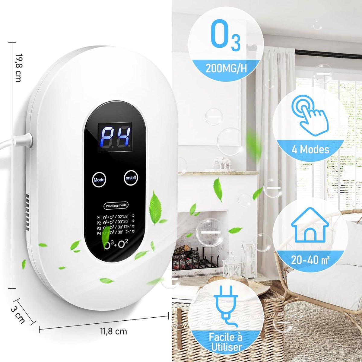 KZQ Ozongenerator Luchtreiniger, Geluidsloze Negatieve Ionen Luchtreiniger met Ontgeurder, 200 mg/h Sterkte voor Slaapkamer, Badkamer, Keuken, Huisdieren en Formaldehyde Verwijdering, Compacte Luchtreiniger — cadeau in Cadeau-ideeën - foto 7