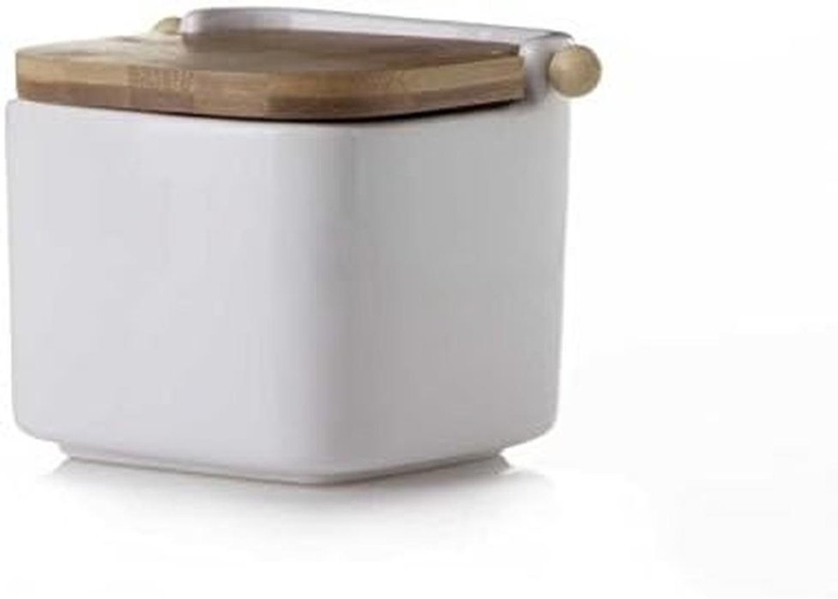 White Ceramic Square Salt Cellar with Bamboo Lid 12 x 12 x 10.5 cm
