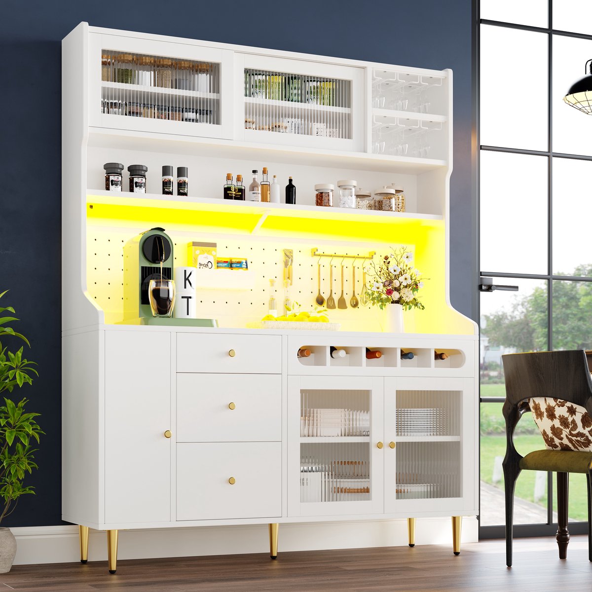 Hoge kasten voor de woonkamer, Keukenkast, Eetkamer kast, Woonkamer kast met verstelbare planken, Kasten met LED-verlichting, Lade met wijnrek, 145×39×171cm, Wit
