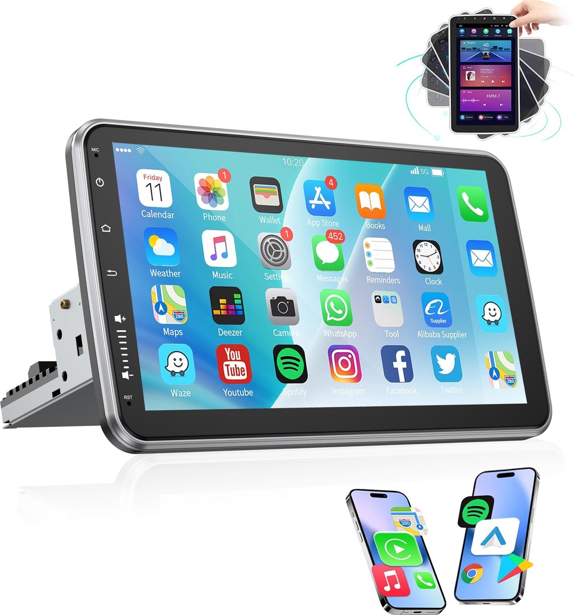 ESSGOO 1Din Autoradio - Android 15 4+64GB - Apple Carplay & Android Auto (Draadloos) - 10.1 Inch IPS HD Draaibaar Touchscreen - GPS Navigatiesysteem - Bluetooth, USB, WIFI, SWC