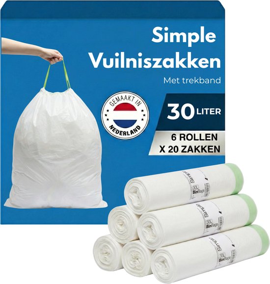 Simple Vuilniszakken 30 liter - 120 Stuks - Geschikt voor Brabantia code O en SimpleHuman code G - Brabantia Vuilniszakken O - Afvalzakken 30 liter - Geproduceerd in Nederland - Poubelle 30L - Vuilzakken 30 liter - Pedaalemmerzakken 30 liter