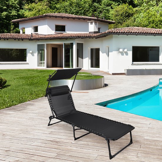 SET X 2 "LE PLAYA" LIGSTOELEN MET PARASOL EN KUSSEN ZWART — afbeelding 4
