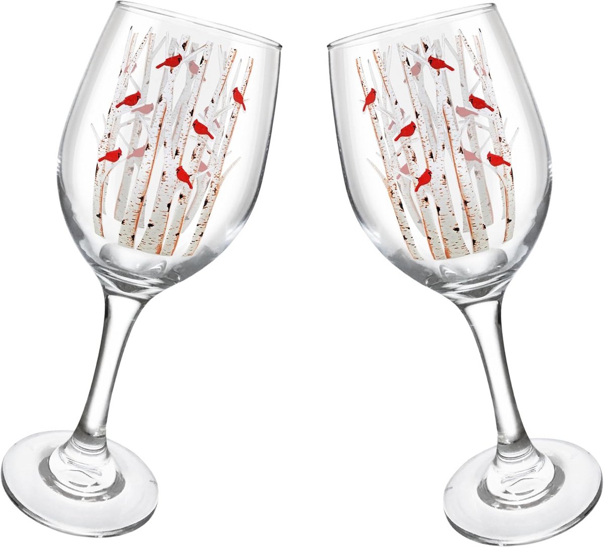 Wijnglas Set van 2 - Kardinalen met Witte Berkenbomen - Winterdesign - 7,75 inch