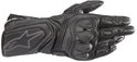 Zwarte Alpinestars motorhandschoen met perforaties, beschermende knokkels en een Alpinestars sterlogo.