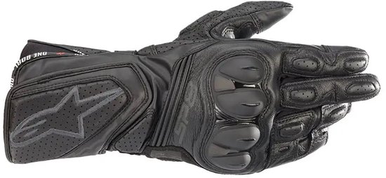 Zwarte Alpinestars motorhandschoen met perforaties, beschermende knokkels en een Alpinestars sterlogo.
