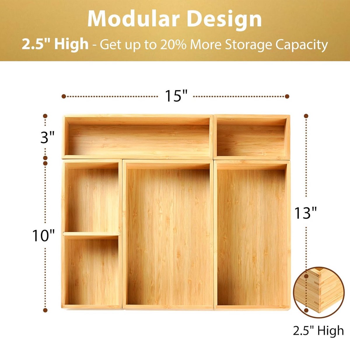 Bamboe ladeverdeler 6,3 cm - 5 herschikbare bakken voor keuken, kantoor, desktop, kleding, make-up, sieraden — cadeau in Cadeau-ideeën - foto 2
