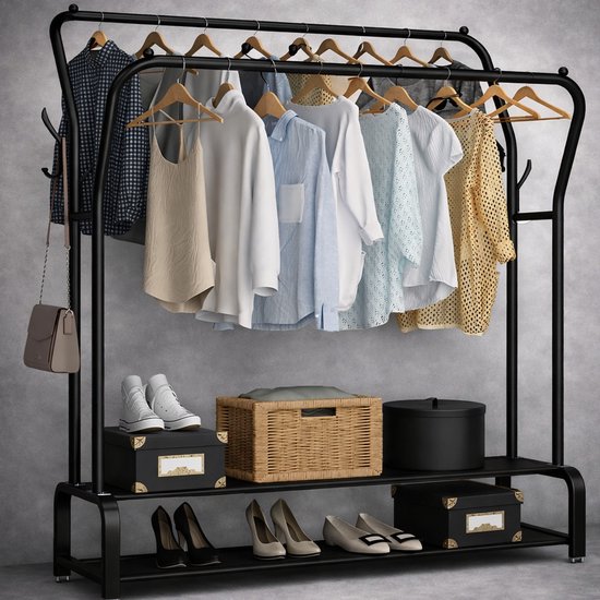 Foto: Meubelsvanjoep industrieel kledingrek op wielen metaal 110x33x150 cm mat zwart poedercoating opbergruimte voor schoenen garderoberek met haken