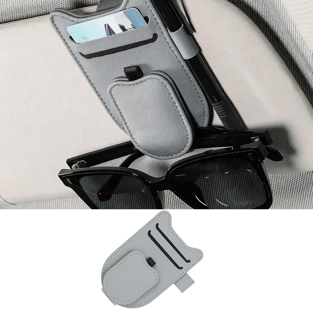 IMPERATORIS® Zonneklep Organizer Auto - Opberghoes voor Pasjes, Bril en Pennen - Bevestiging aan Zonneklep - Universeel - Grijs