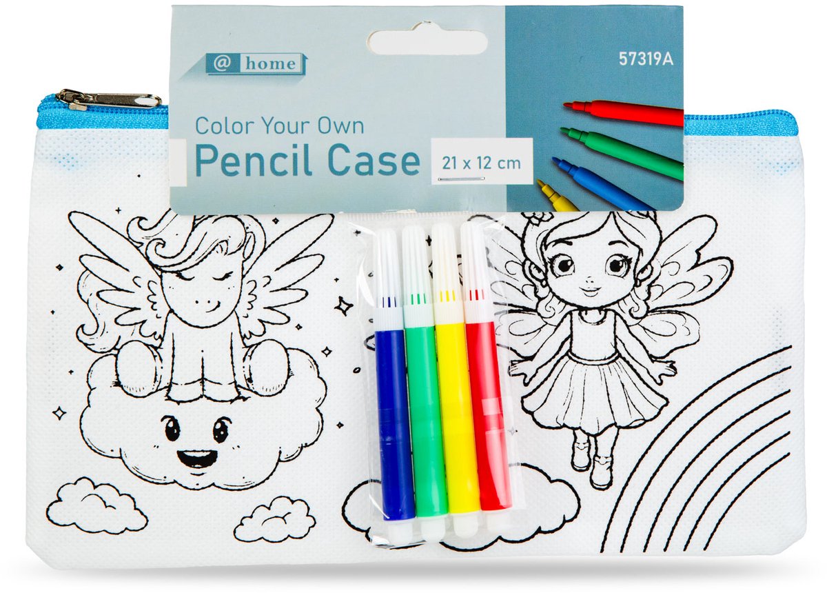 Kleurbare Etui – Knutsel Etui Met 4 Stiften – Creatieve Pennenzak Voor Kinderen – Personaliseerbaar Ontwerp – Voor School En Thuis – 21 X 12 Cm – PET Non Woven – 3 Designs (Willekeurig) - 1 Stuks [57319A]