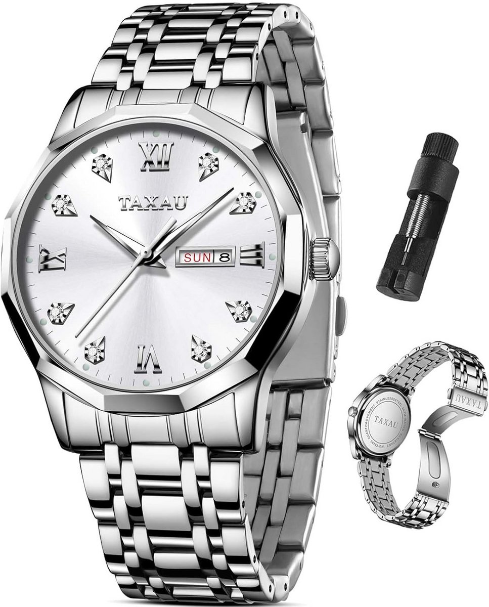 Herenhorloge RVS Analoog Kwarts Groot Zichtbaar Luxe Zakelijk Waterdicht met Dag en Datum
