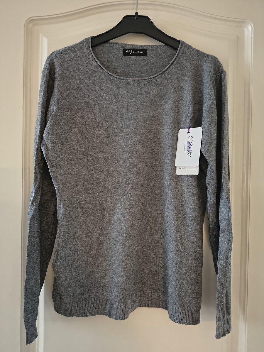 Dames trui Renee-fijngebreid-effen grijs-ronde hals-maat L/XL