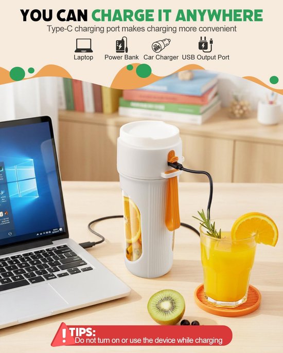 Blender - Draagbare Blender - Portable Blender - Blender Smoothie - 450 Ml -Bpa-Vrije - Draagbare Fles Met 12 Messen - Oplaadbare - Compact En Gemakkelijk Schoon Te Maken - Voor Smoothies, Shakes & Milkshakes van Merkloos — afbeelding 2