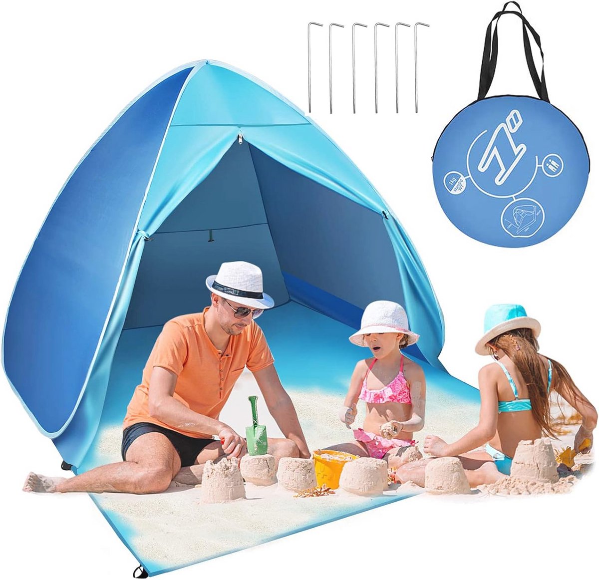 Extra lichte pop-up strandtent voor 2-3 personen met UV-bescherming en windbescherming