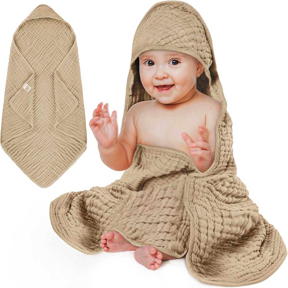Zachte Katoenen Baby Badcape met Capuchon 80x80 cm - Beige