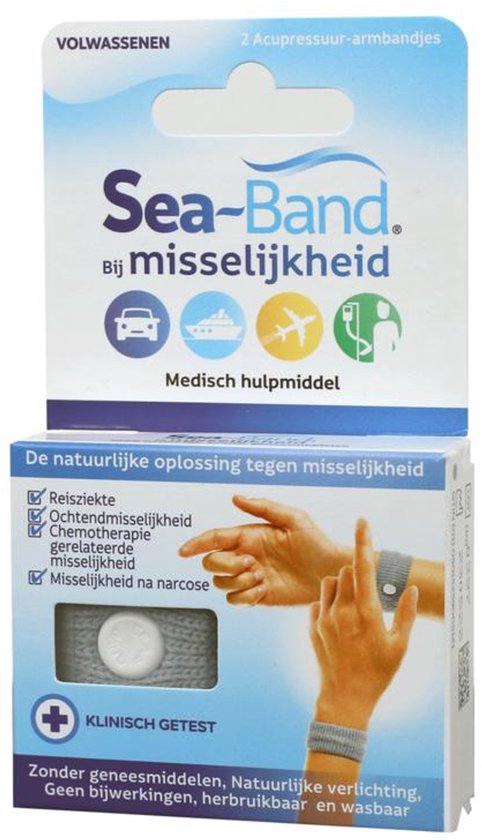 Verpakking met 2 Sea-Band acupressuur-armbandjes voor volwassenen, grijs, medisch hulpmiddel tegen misselijkheid.