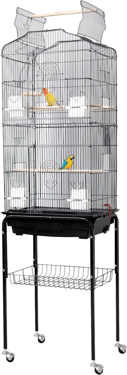 Vogelkooi,volière ,met draagbaar handvat met 4 voerbakken ,3 zitstokken, 46 x 36 x 162 cm - zwart