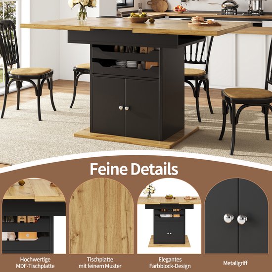 Details van de uitschuifbare tafel: houten blad, opbergkast met metalen handgrepen, hoogwaardige MDF.