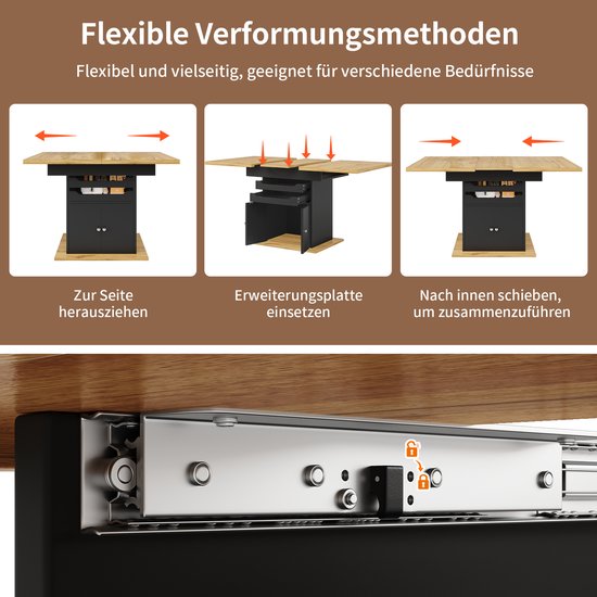 Illustratie van de flexibele configuraties van de uitschuifbare tafel met houten blad en zwart meubel.