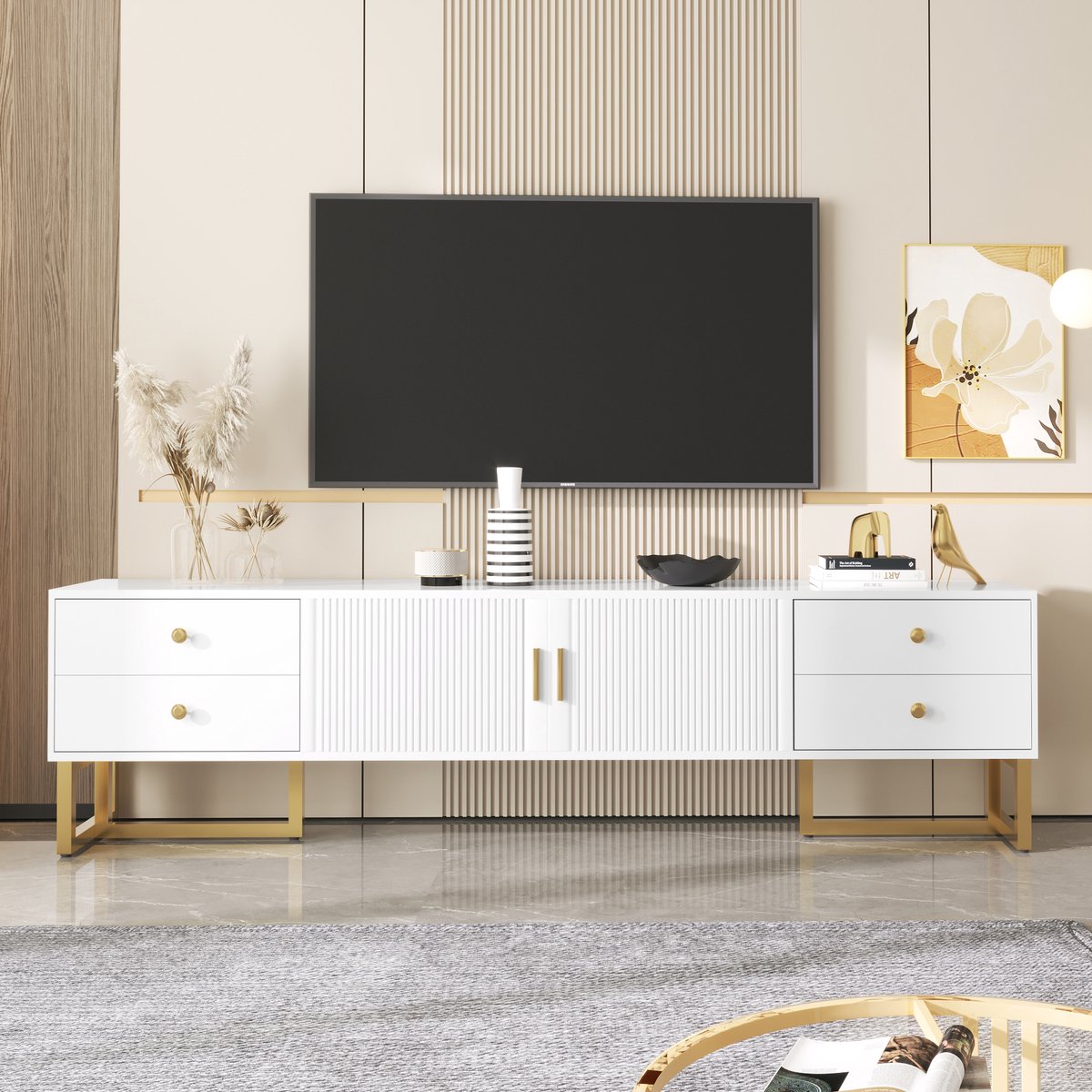 MODFU TV-meubel 175x30x46 cm van MDF, wit, met laden en deuren, goudkleurige accenten, modern ontwerp