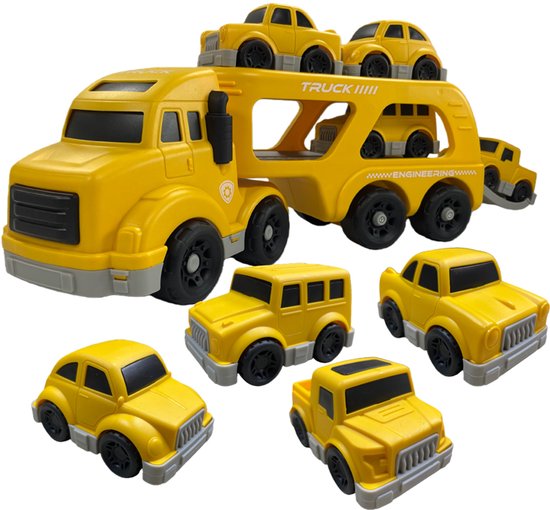 Gele speelgoed autotransporter met vijf gele speelgoedauto's, waaronder vier kleinere auto's en een grotere autotransporter.