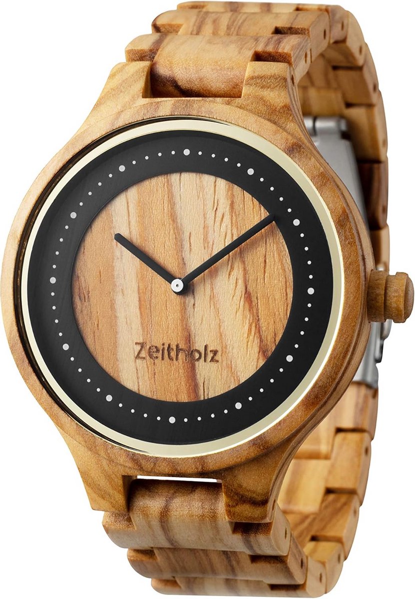 Houten Horloge 44mm met Leren Band - Olijfhout Unisex