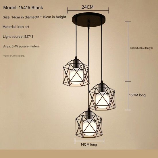 PURPL Industriële Hanglamp | 3-Lichts | Zwart | E27 fittingen