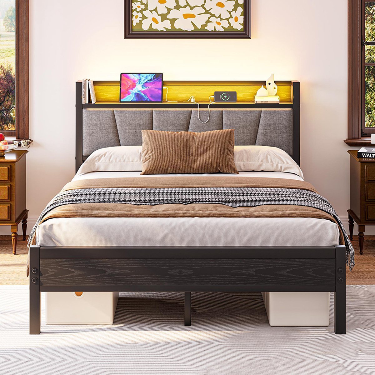 KOMHTOM BLACKCOLORS Bedframe 140 x 190 cm met slimme ledverlichting, hoofdeinde met USB-oplaadstation, ondersteunend platform met ultrasterke metalen latten, geruisloos, eenvoudige montage, geen lattenbodem nodig Zwart