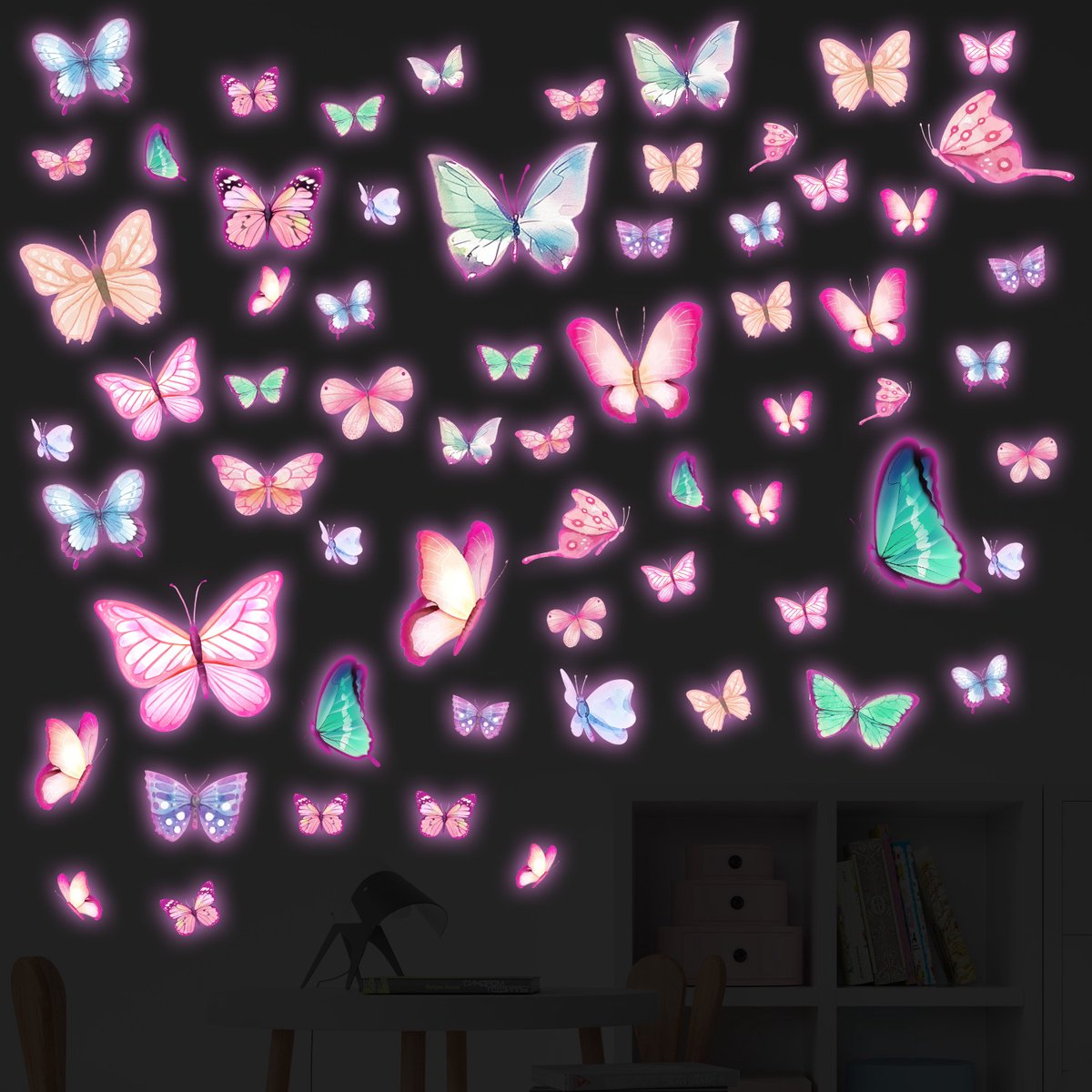 64-delige Glow-in-the-dark Vlinderwanddecoraties, Lichtgevende Gekleurde Vlinderstickers Voor Op Het Plafond, DIY-wanddecoratie Voor Woonkamers, Geschikt Voor Slaapkamers, Kinderkamers En Babykamers，Roze