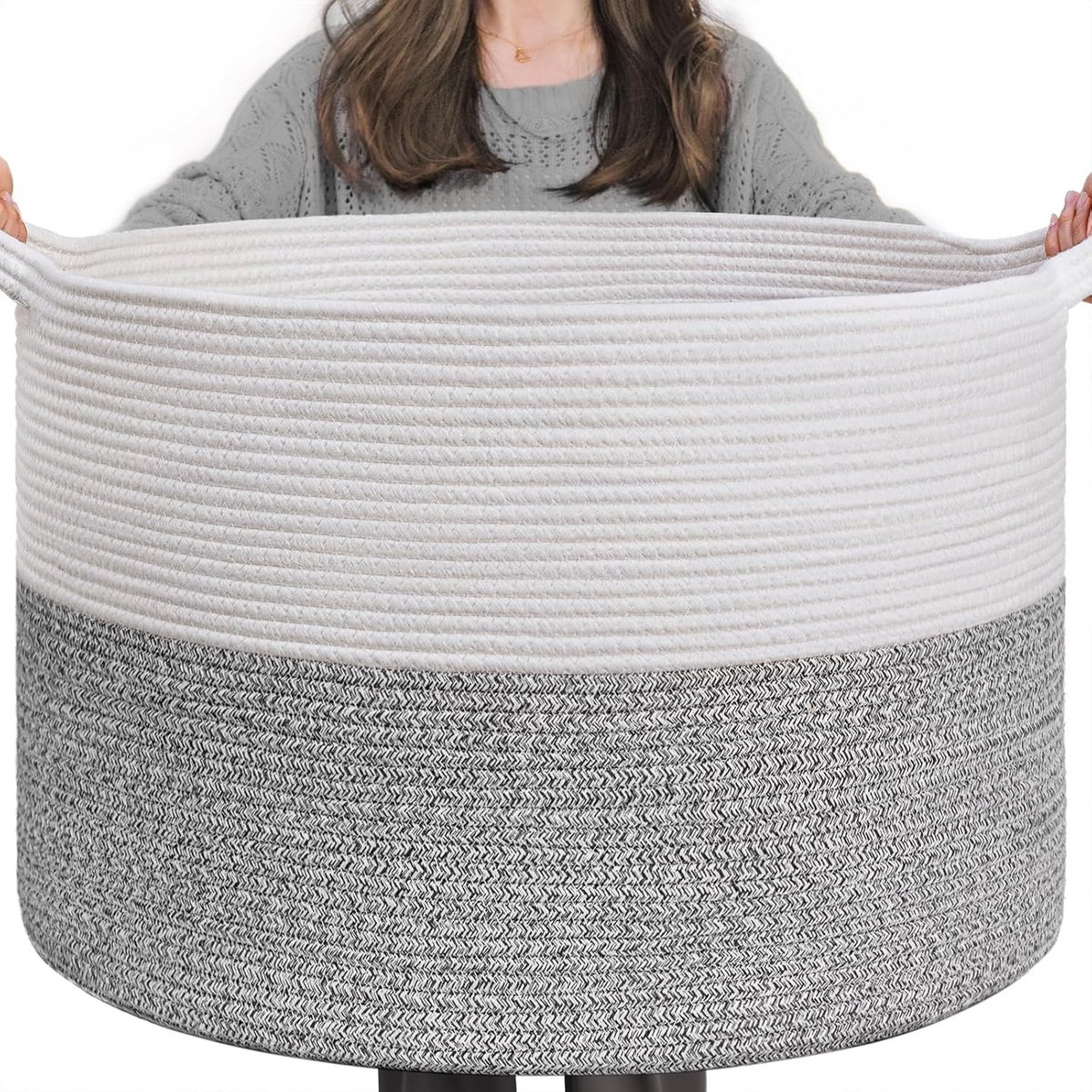 Grote opbergmand van katoenen touw - 55 x 35 cm - Grijs - met handgrepen